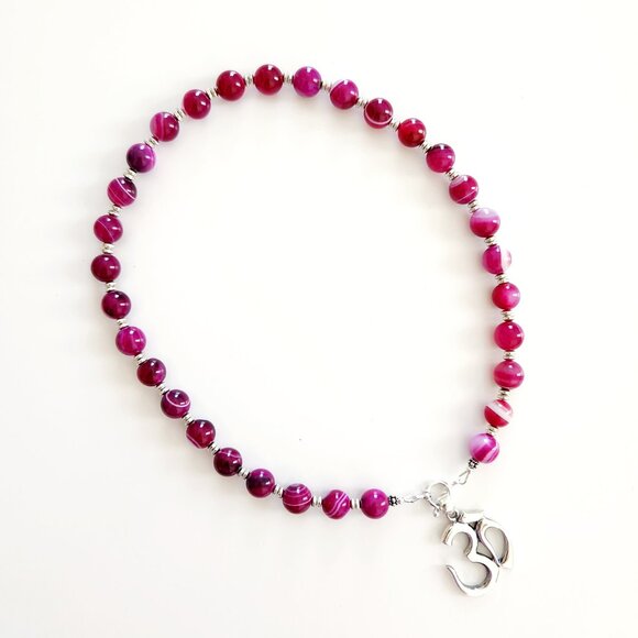 NECKLACE FUCHSIA STRIPE WITH STERLING SILVER OM PENDANT. - Picture 2 of 2